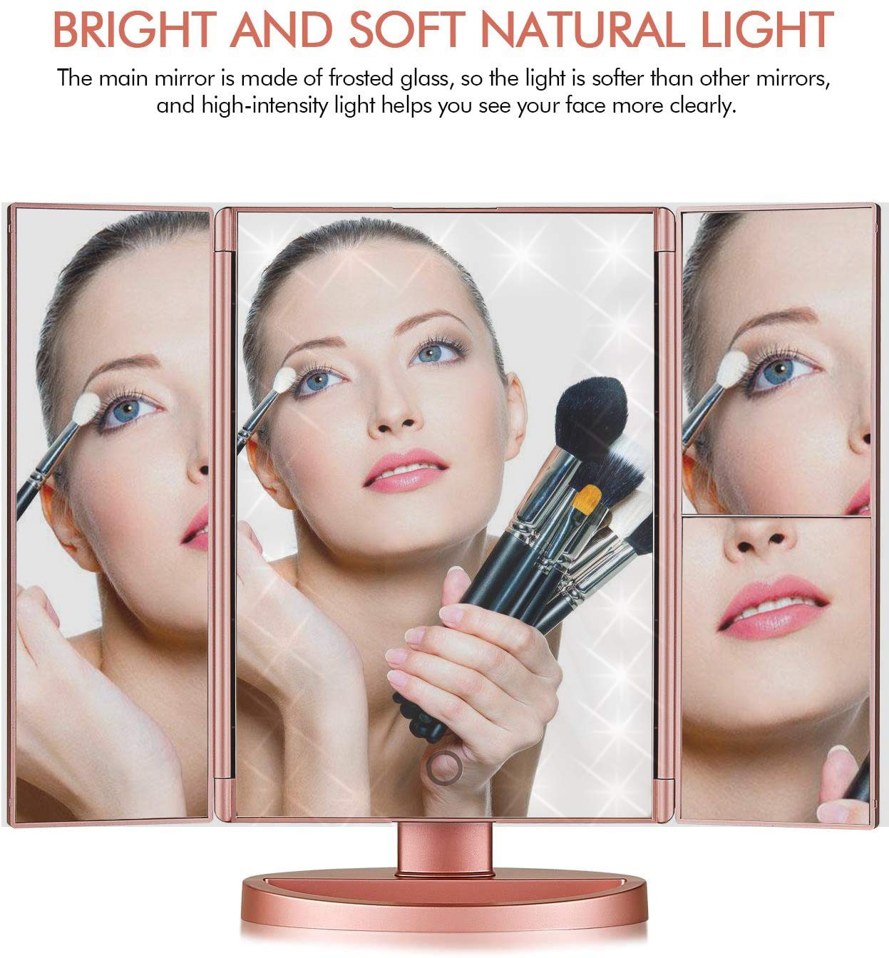 Infitrans Trifold Makeup Mirror Vanity Mirror with Lights,1X 2X 3X Magnification,Touch Screen,180 Adjustable Rotation,Portable Travel Bathroom Cosmetic Mirror