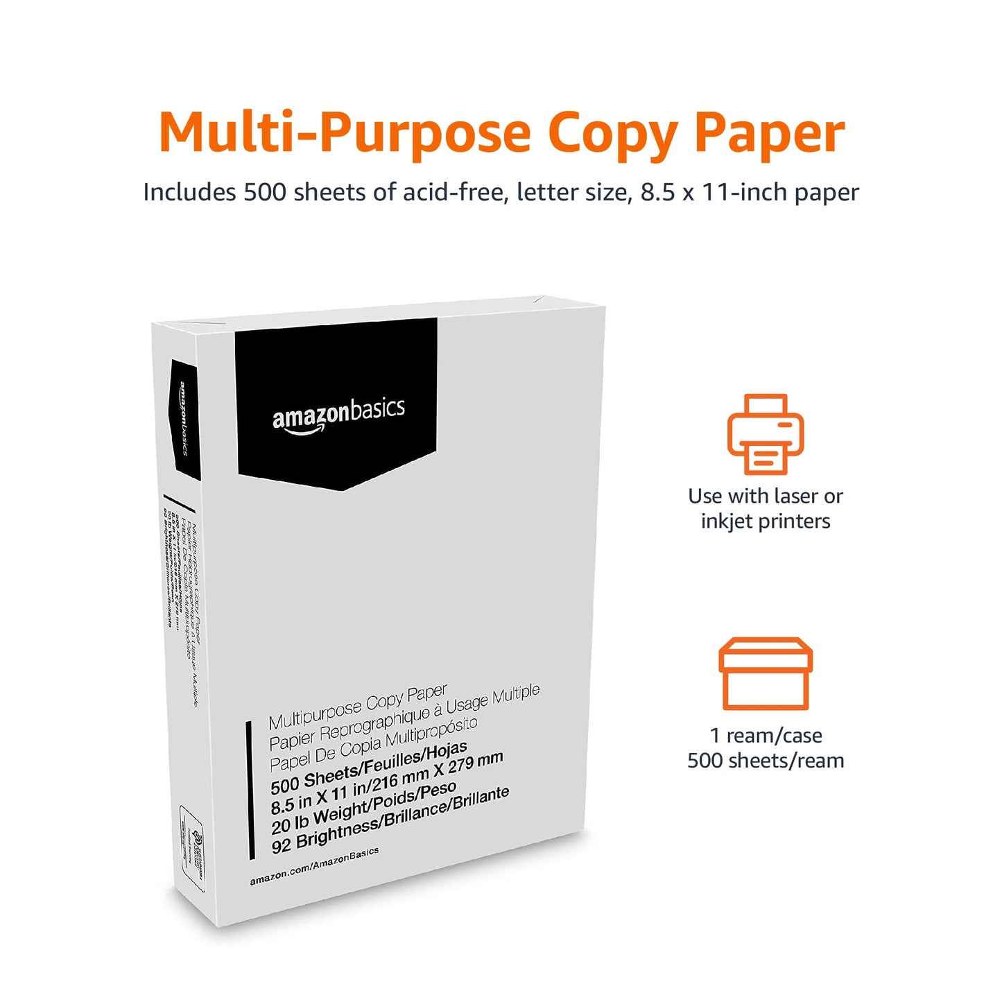 Amazon Basics Multipurpose Copy Printer Paper, 8.5 x 11 Inches, 20 lb, 1 Ream, (500 Sheets), 92 Bright, White