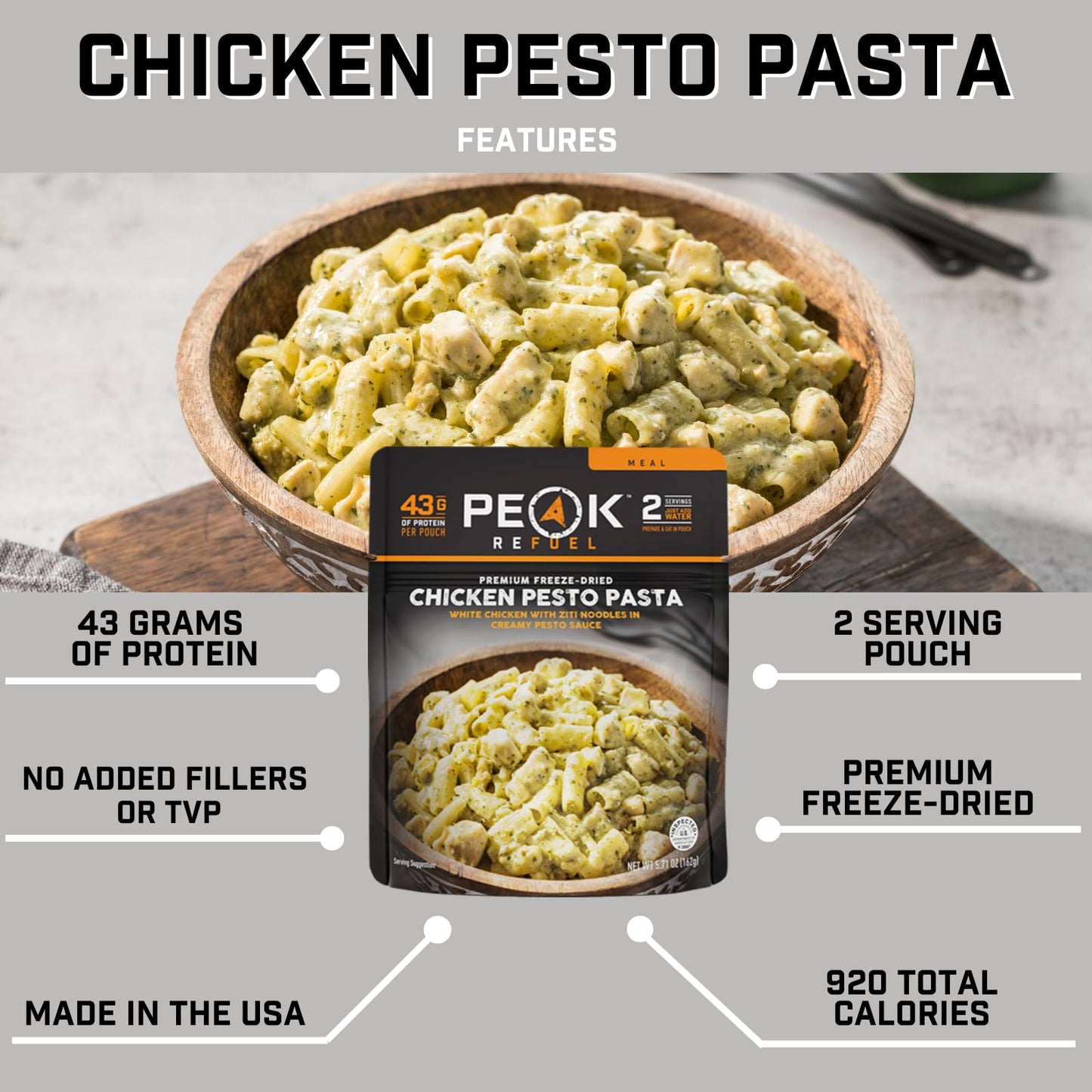 Peak Refuel Chicken Pesto Pasta| Premium Freeze Dried Camping Food | Backpacking & Hiking MRE Meals | Just Add Water | 100% Real Meat | 43g of Protein | 2 Serving Pouch