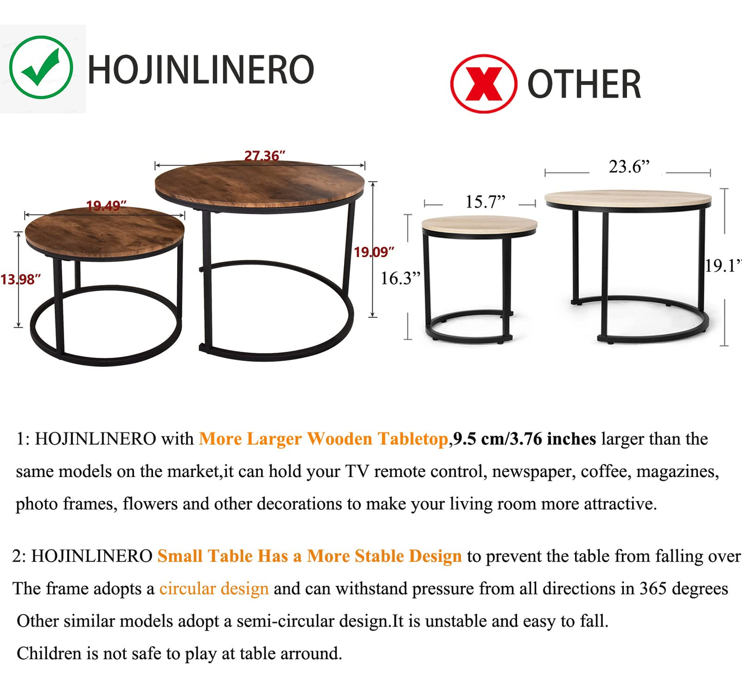 HOJINLINERO Industrial Round Coffee Table Set of 2 End Table for Living Room,Stacking Side Tables, Sturdy and Easy Assembly,Wood Look Accent Furniture with Metal Frame,Black+Rustic Brown