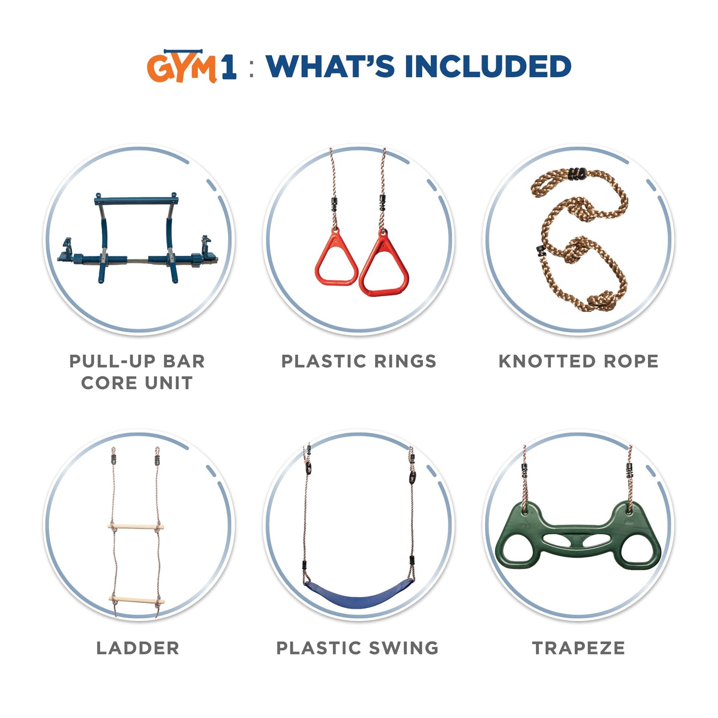 Gym1 6-Piece Doorway Gym Indoor Playground - 6-Piece, Blue - Indoor Playset with Sensory Swing, Pull-Up Bar & Rings, Trapeze, Ladder & Knotted Rope