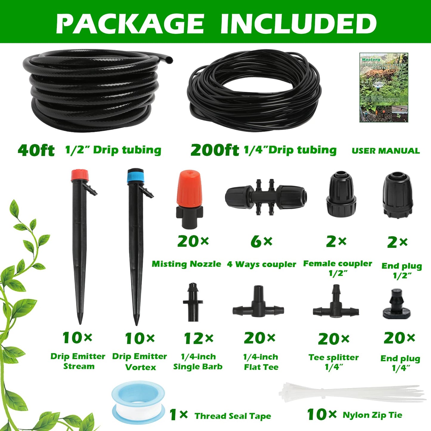 Maotong 240FT Drip Irrigation System Kit, Automatic Garden Watering Misting System for Greenhouse, Yard, Lawn, Plant with 1/2 inch Hose 1/4 inch Distribution Tubing and Accessories
