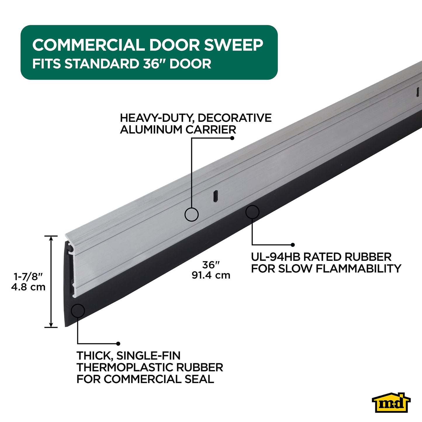 M-D Building Products 68247 All-Season Door Sweep, Heavy Duty Aluminum, Ideal for Residential & Commercial Use, Easy Installation with Heavy Rubber Seal, Ensure Comfort and Security (36 Inch, Silver)