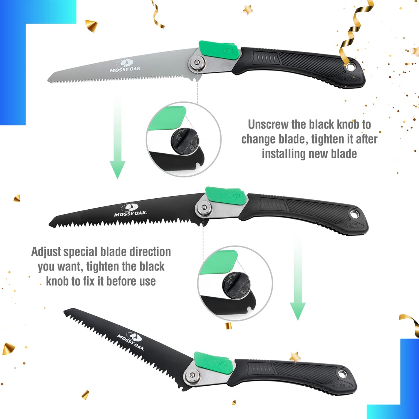 MOSSY OAK 3 in 1 Folding Saw, Pruning Hand Saw with Wood, Metal and PVC Blade, Camping Saw for Backpacking, Hunting and Bushcraft, Pouch Included