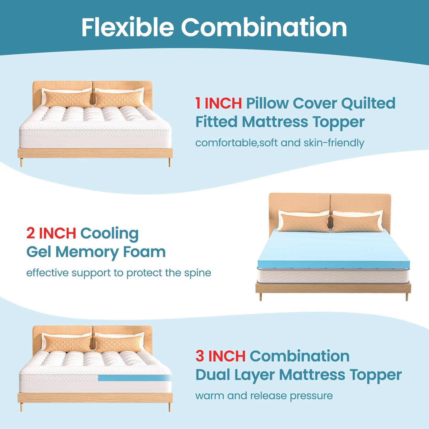 Mattress Topper Full Size, 3 Inch Full Mattress Topper Dual Layer, 1 Inch Pillow Topper and 2 Inch Cooling Gel Memory Foam Mattress Topper for Back Pain