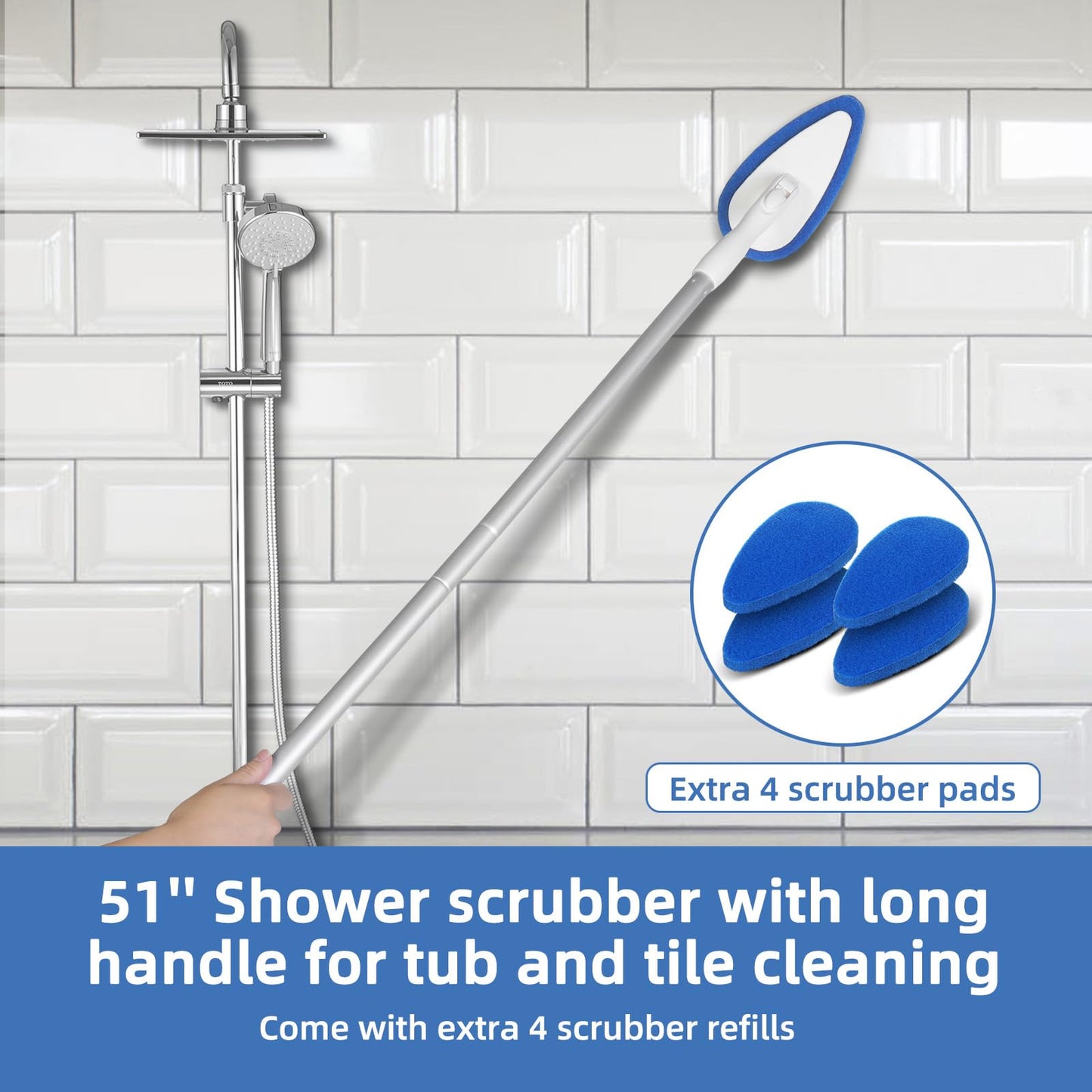 Qaestfy Shower Bathtub Tub Tile Scrubber Cleaning Brush with 51'' Handle, 5 Non-Scratch Scouring Pads, Adjustable Long Handled Scrub Brush for Cleaning Shower Bathroom Vessel Sinks Toilet Wall Floor