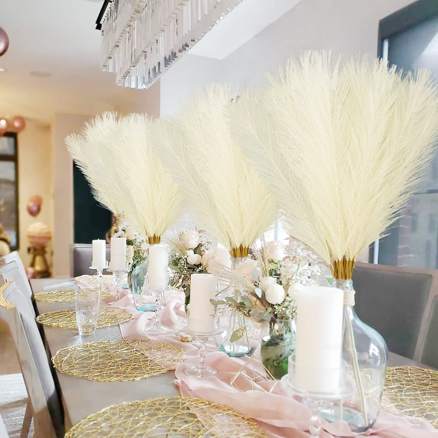 obbsie 50PCS Faux Pampas Grass, 21.6" Short Artificial Pompous Grass Floral Fake Pompas Grass Branches Vase Filler Flower Arrangement for Home Wedding Boho Decor, Beige