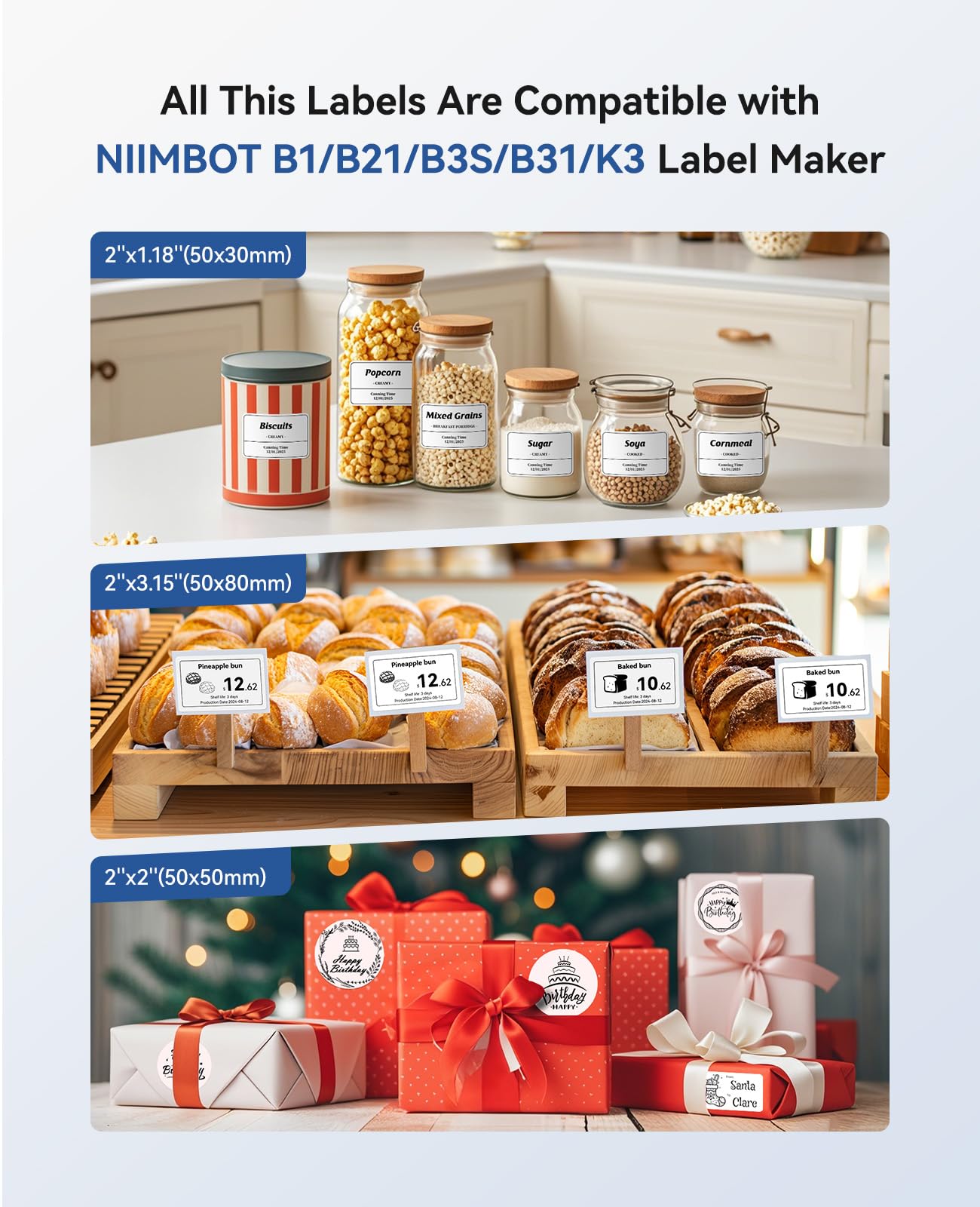 NIIMBOT B1 Label Maker Machine with Tape, Label Printer with 3 Rolls Label Paper, 50x30mm/50x80mm White Paper/50x50 Round Label for Office Supplies, Home, Business