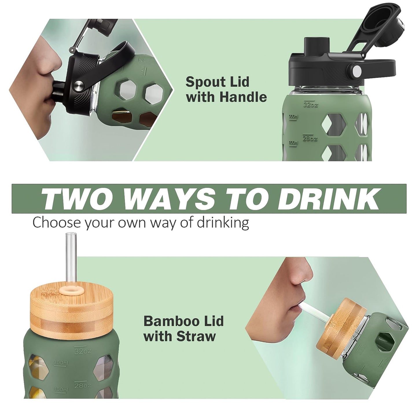 MUKOKO Glass Water Bottles, 32oz Glass Tumbler with Straw, Drinking Bottles with 2 Lids-Handle Spout Lid&Bamboo Straw Lid, Motivational Water Bottle with Time Marker and Silicone Sleeve, 1 Pack-Olive