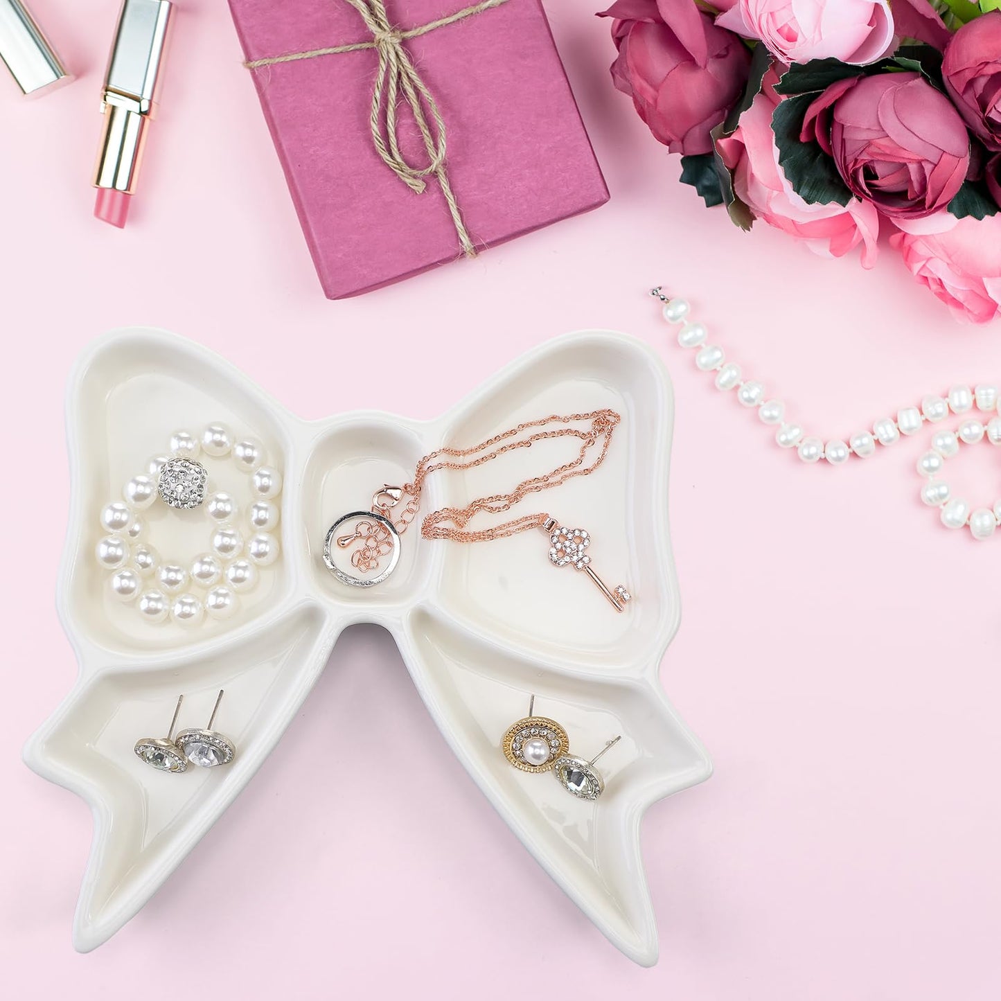 LemonRoad White Bow Jewelry Tray Coquette Ceramic Bow Tray Rings Necklace Bracelets Earrings Storage Dish Cosmetics Trinket Jewelry Key Bowl for Woman Girls Gifts Room Decor