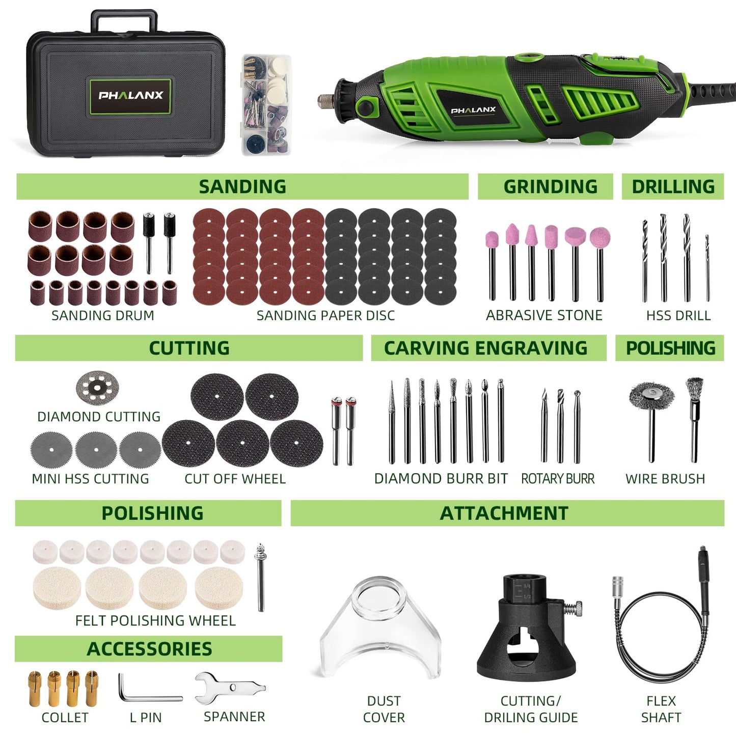 180W Rotary Tool Kit, 1.5-Amp PHALANX 6 Variable Speed with Flex Shaft, 8000-32000RPM Multi-Tool& 139pcs Accessories Kit, Power Multiuse Set Prefect for Crafting Projects and DIY Creations…