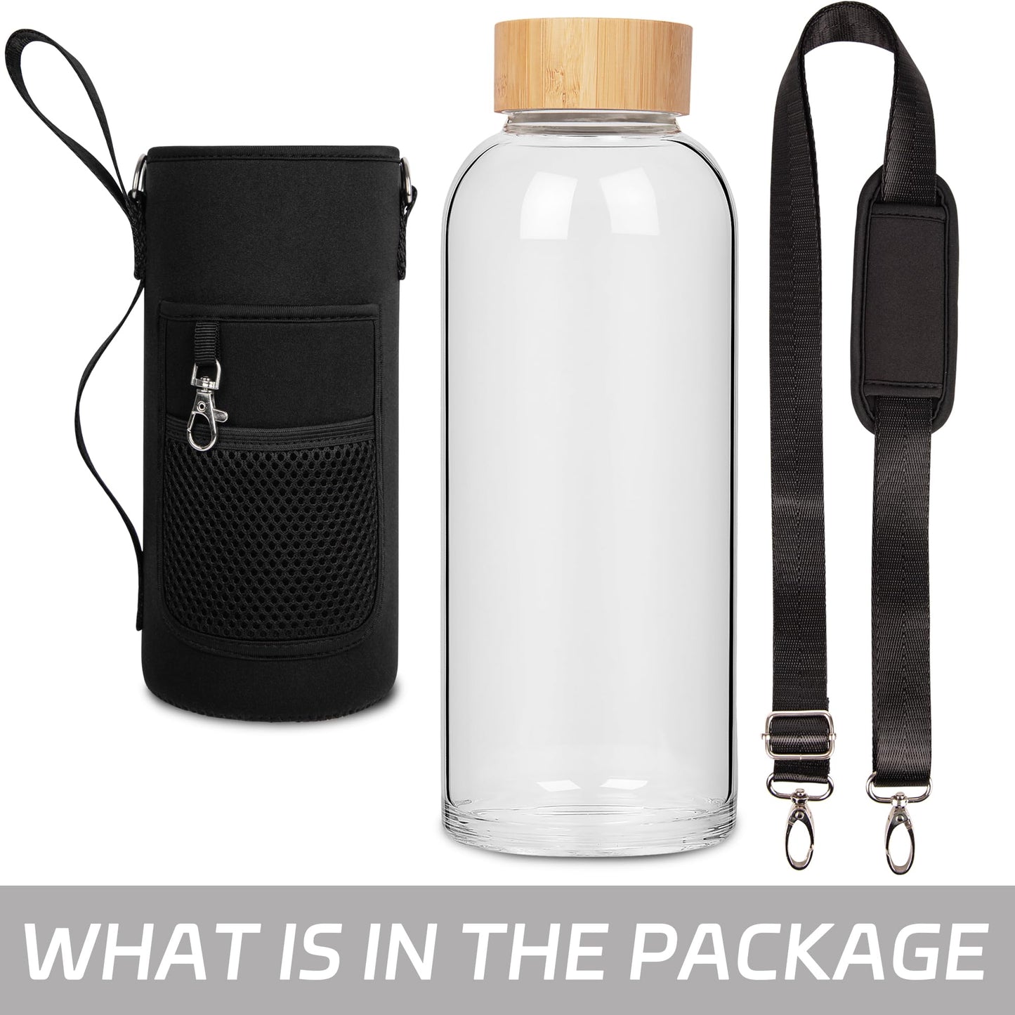 Ferexer 48 oz Sports Borosilicate Glass Water Bottle with Bamboo Lid with Neoprene Sleeve