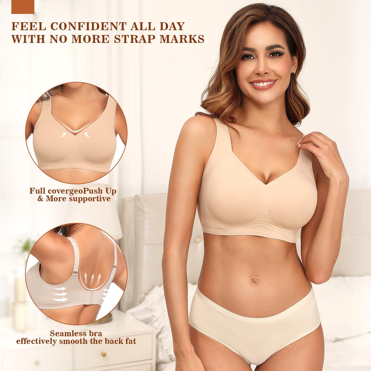 PoseFree Wireless Bras for Women Full Coverage Bra Full Support and Lift No Underwire Back Smoothing Bralette Everyday Bra (Nude,XL)