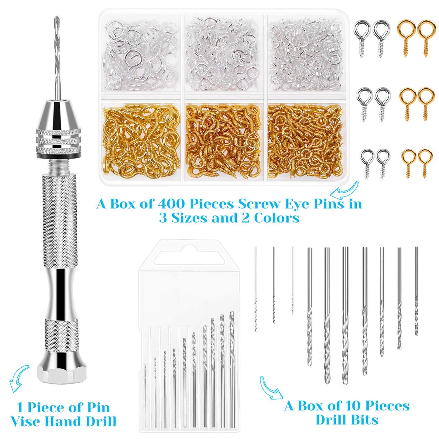 Pin Vise for Resin Casting Molds, Shynek Hand Drill for Jewelry Making Resin Tools Includes 1Pcs Push Hand Drill 10Pcs Drill Bits 480Pcs Eye Screws for DIY Keychain (Gold+Silver)