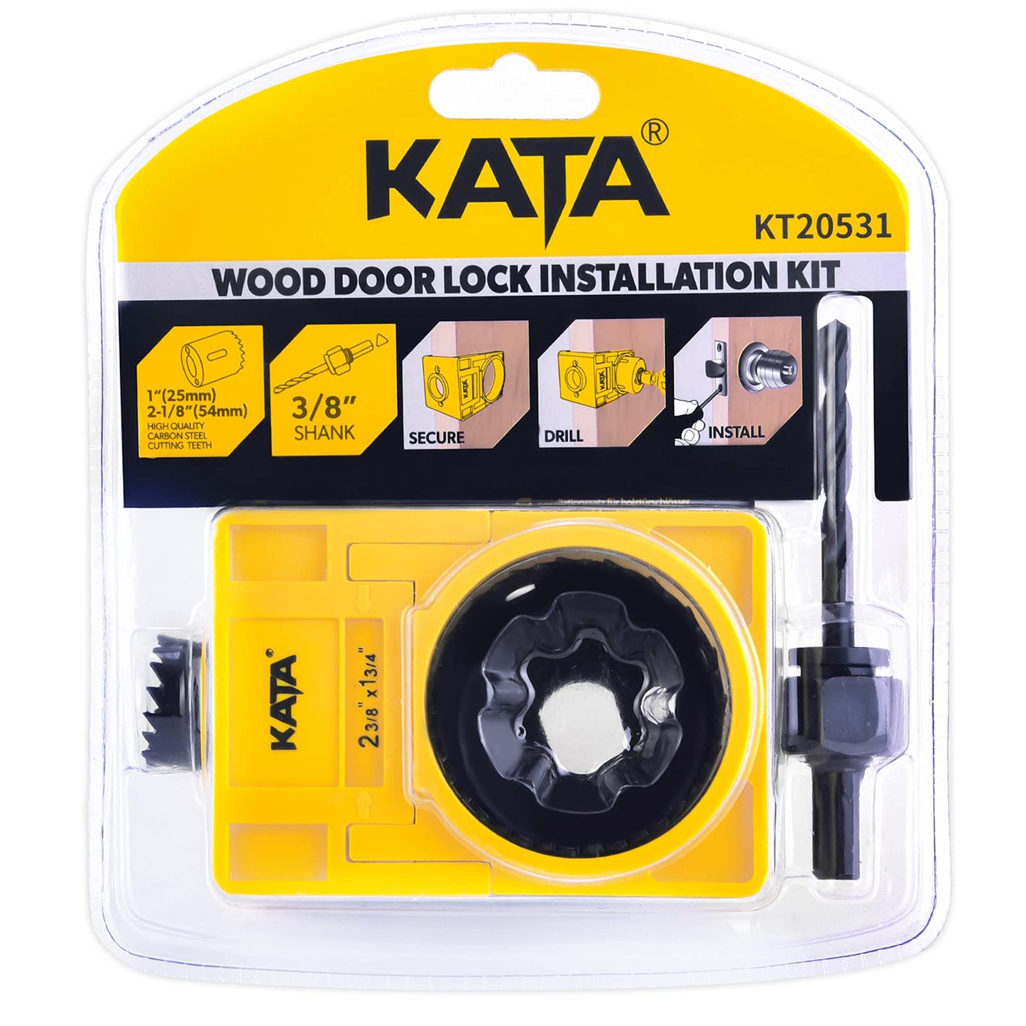 KATA 1-3/8" - 1-3/4" Door Lock Installation Kit for Wooden Doors with Guide Template, Door Lock Hole Saw, Carbon Steel