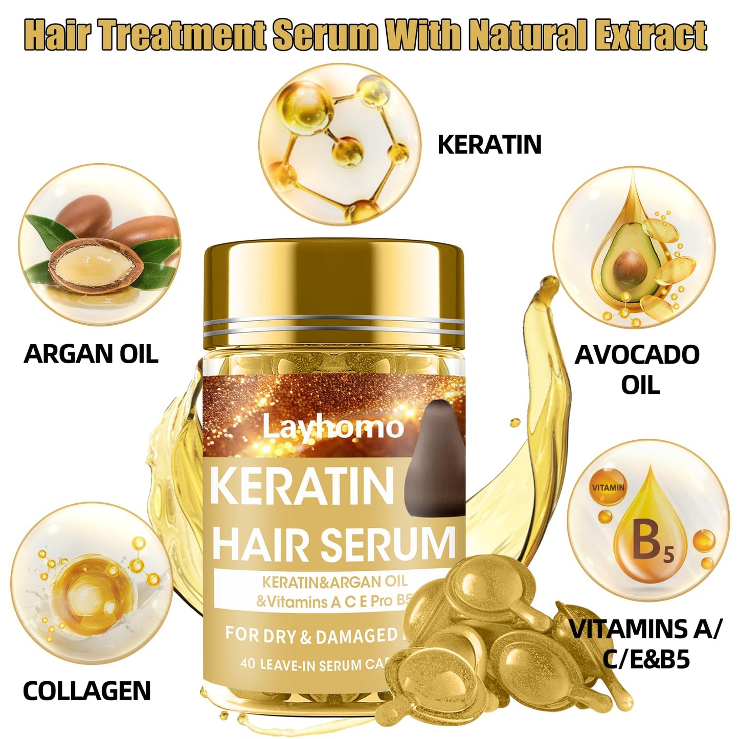 Keratin Hair Treatment Serum,Hair Treatment Oil for Dry Damaged Hair,Hair Oil Capsules with Keratin,Argan Oil-Leave-in Anti Frizz Conditioner with Vitamins A, C, E & B5- No Rinse for All Hair Types