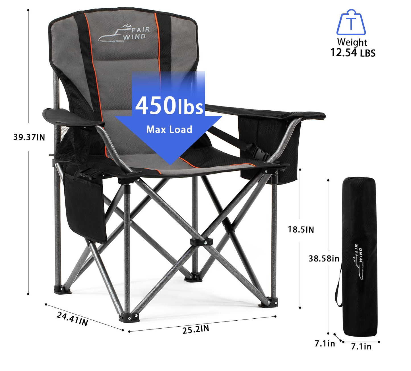 FAIR WIND 2 Pack Oversized Fully Padded Camping Chair with Lumbar Support, Heavy Duty Cooler Bag Fold Chair Support 450 LBS