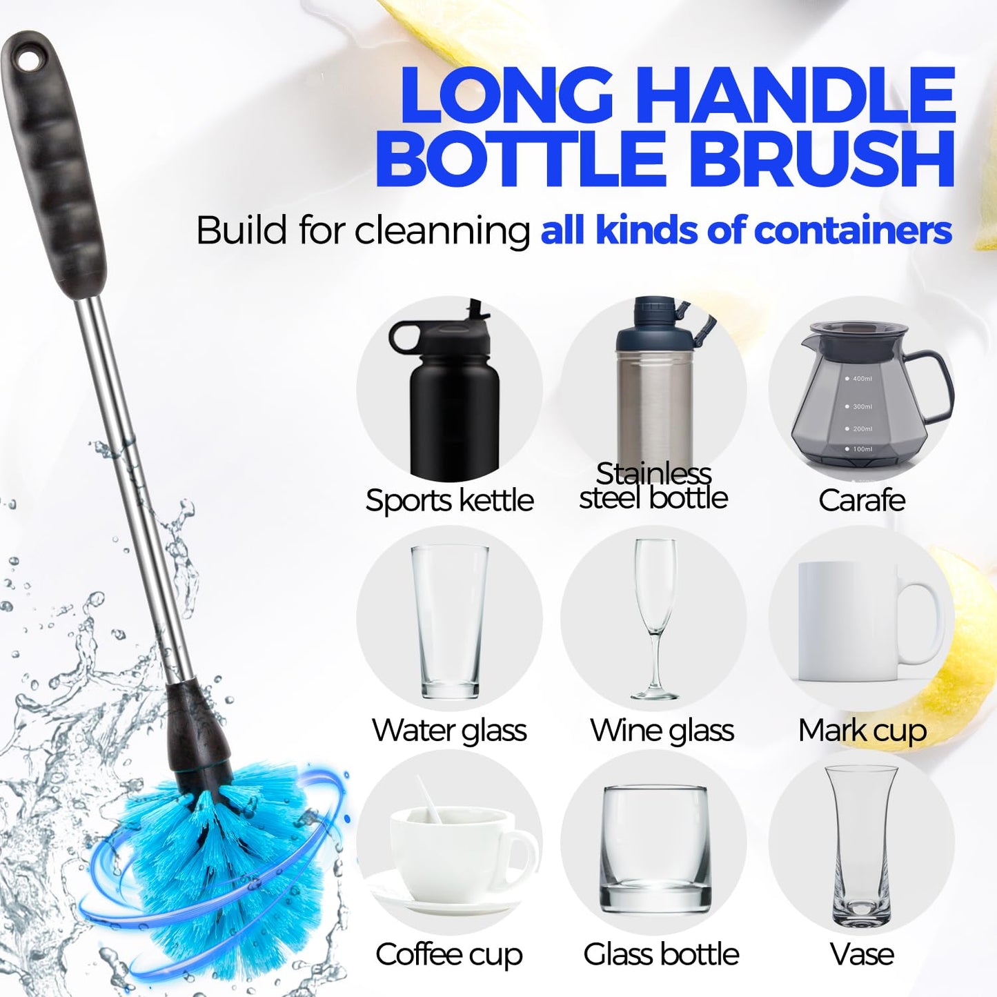 Holikme 6 Pack Brush Set, 14" Long Handle Stainless Steel Cleaner, 3 Straw Brushes, 3-in-1 Cleaning Brush for Water and Baby Bottles, Straws - Blue