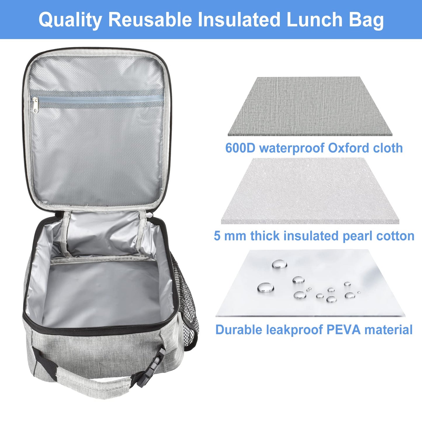 IWTTWY Insulated Lunch Bag, Leakproof Portable Lunch Box for Women Men Boys Girls, Large Capacity Cooler Bag with Handle and Bottle Pocket for Office School Camping Hiking Outdoor Beach Picnic (Grey)