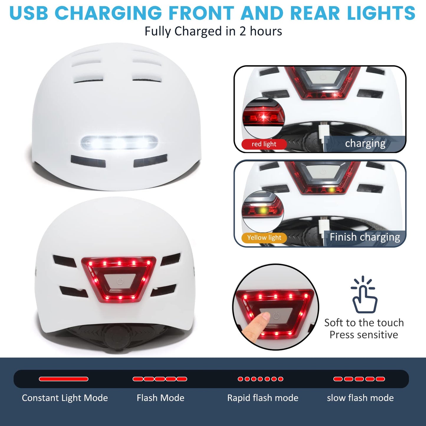 Gudook Adult Bike Helmet with Light - Bicycle Helmets Men - Women - Front and Back LED Lights Adjustable Cycling Helmet for Urban Commuter Biking Scooter