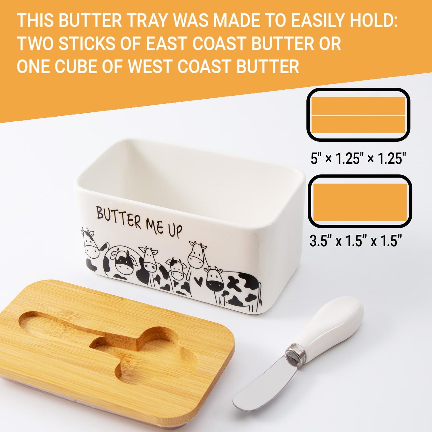 Lumicook Porcelain Butter Dish with Lid, Natural Bamboo Lid, Seal, Cow Butter Holder, Easily Fits 2 Sticks of Butter (Butter me up)