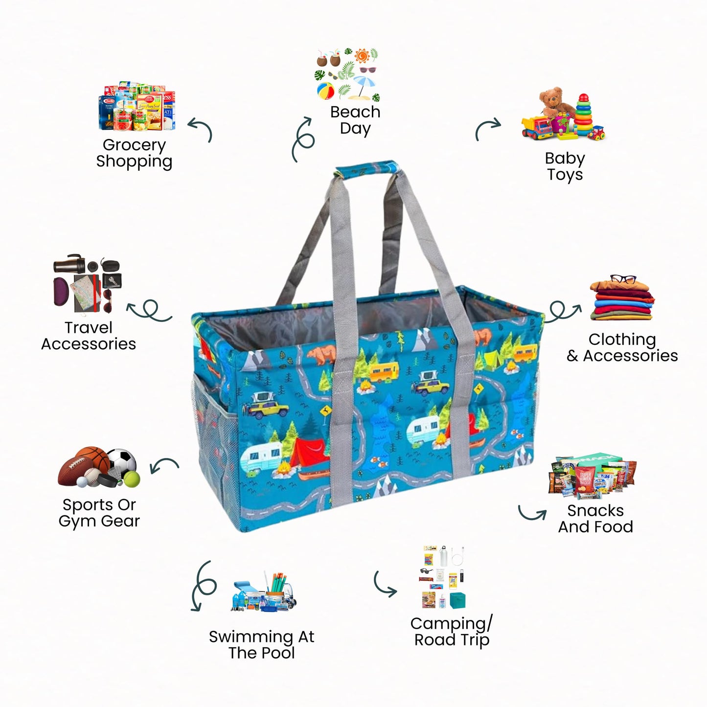 Lucazzi Extra Large Utility Tote Bag - Oversized Collapsible Reusable Wire Frame Rectangular Canvas Basket With Two Exterior Pockets For Beach, Pool, Laundry, Car Trunk, Storage - Camping