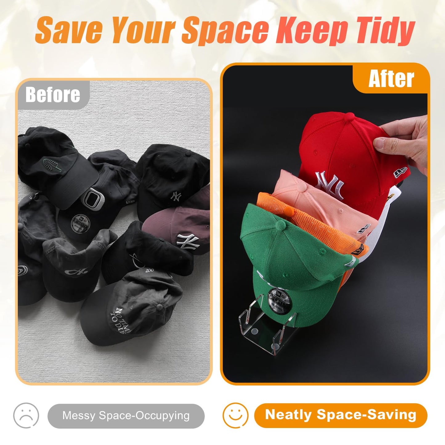 Hat Stand for Baseball Caps, 2 Pack No Install Acrylic Hat Organizer for 14 Baseball Caps Storage Organizer, Hat Racks Hat Holder Display and Organization for Closet, Bedroom, Dresser (Clear-2Pack)