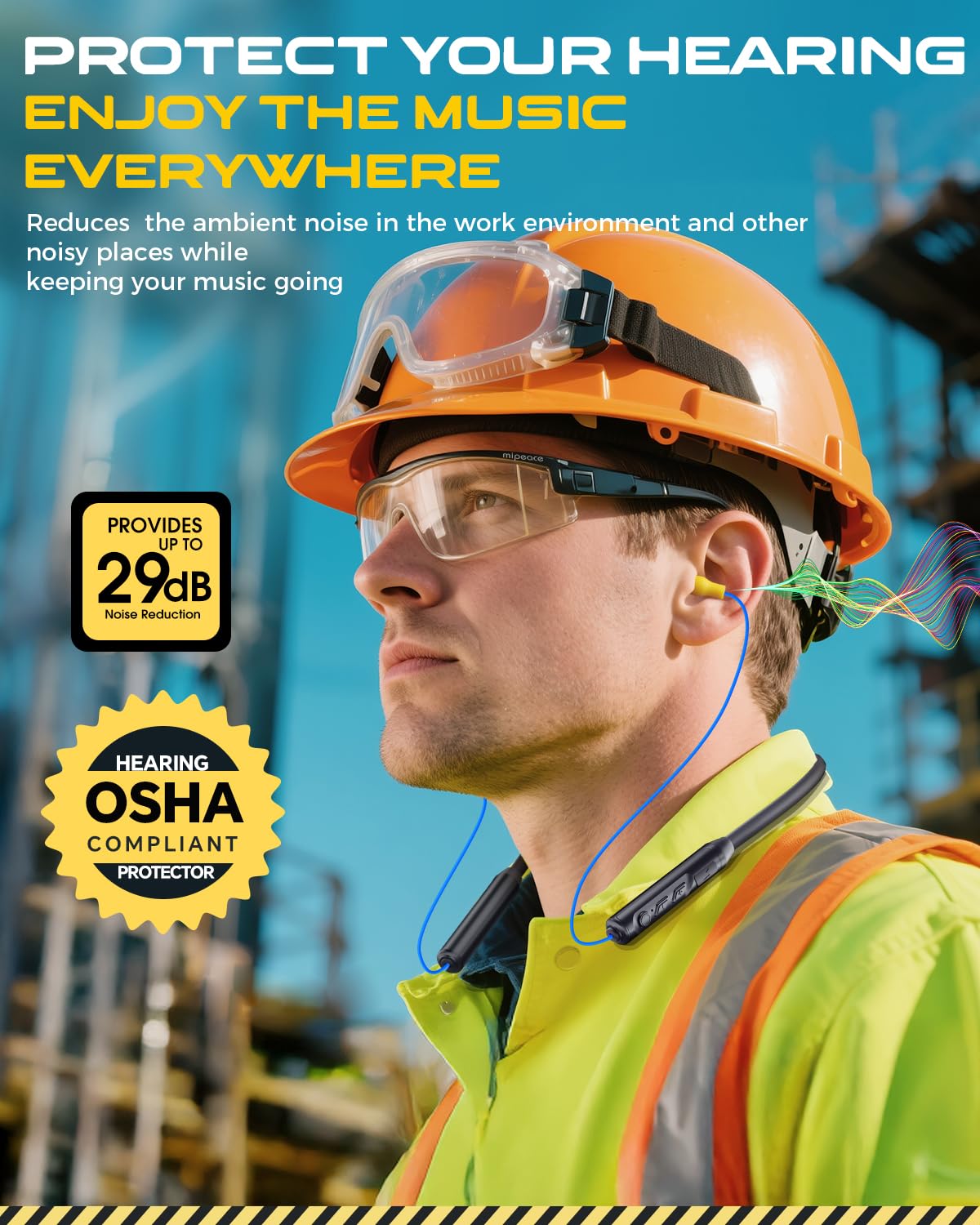 MIPEACE Bluetooth Earplug Headphones, Neckband Wireless Earbuds earplugs-29db Noise Reduction isolating in-Ear earplug Earphones and Controls,IPX5 sweatproof,19+Hour Battery(Blue)