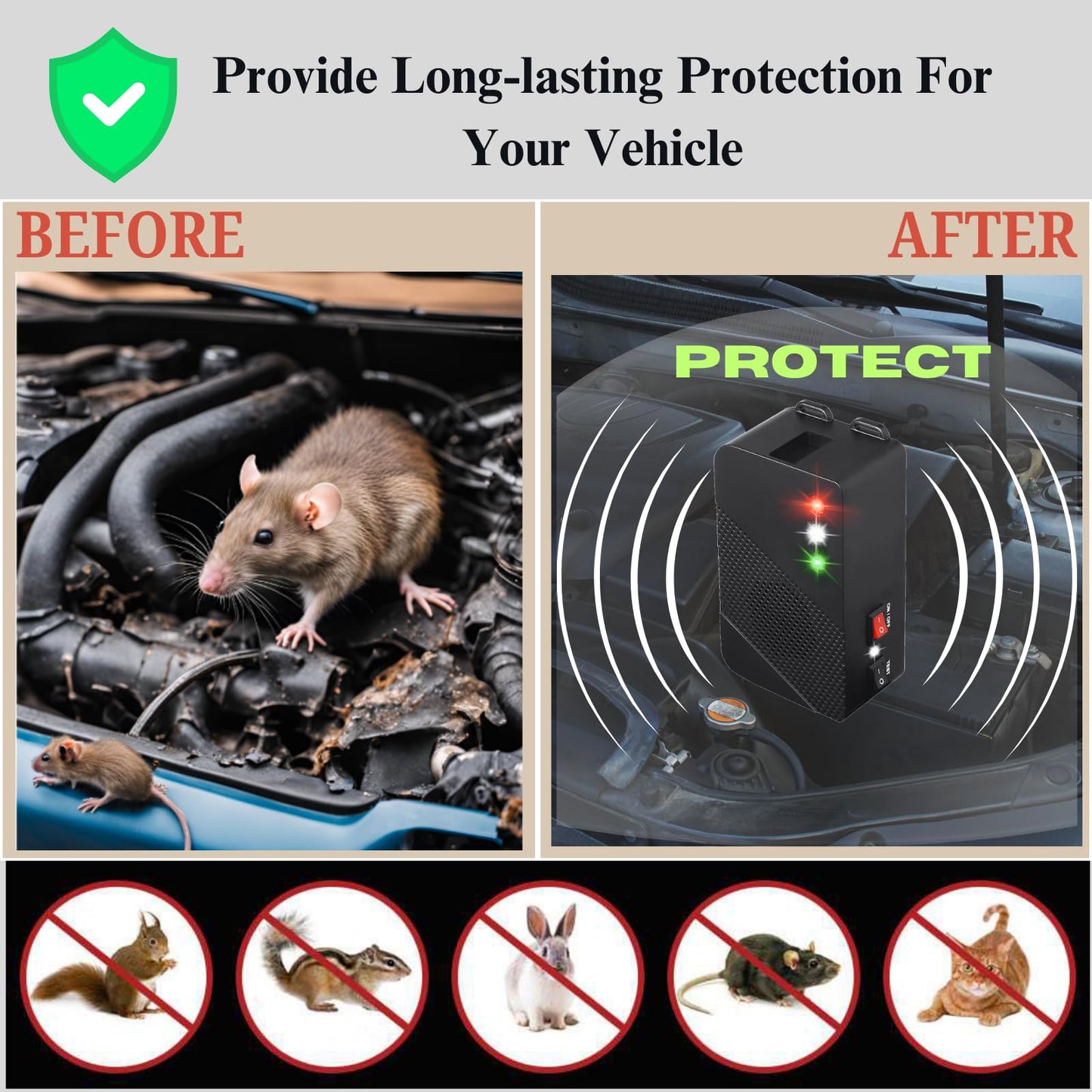Glaobule Ultrasonic Rodent Repellent Battery Operated Ultrasonic Mouse Repeller Under Hood Pest Repeller Rat Mice Deterrent with Strobe Lights for Car Engine Indoor Use 1Pack