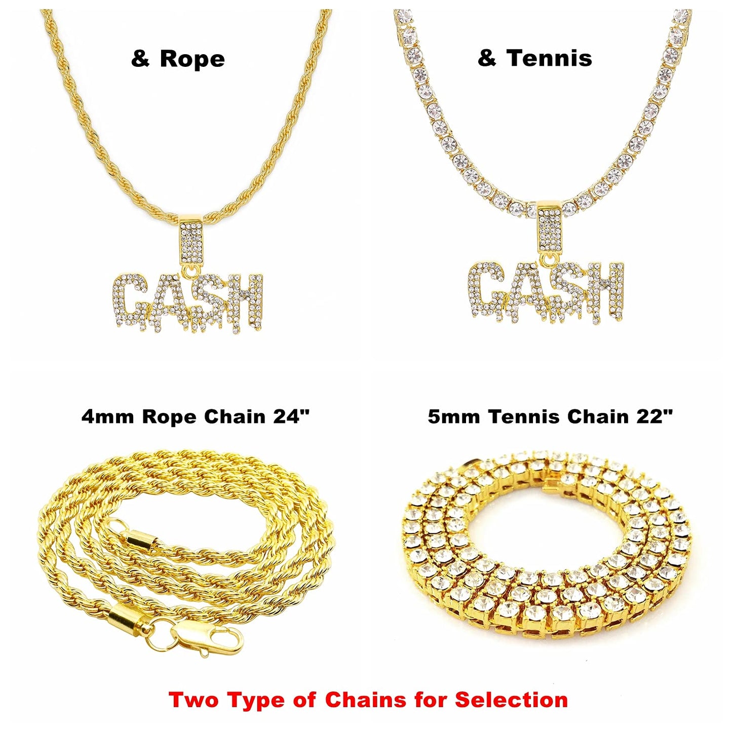 HH BLING EMPIRE Iced Out Name Pendant Chain Necklaces for Men Gold Silver Diamond Letter Necklace Hip Hop Cash Rope Chains 24 Inch (Cash-Gold,& Rope)