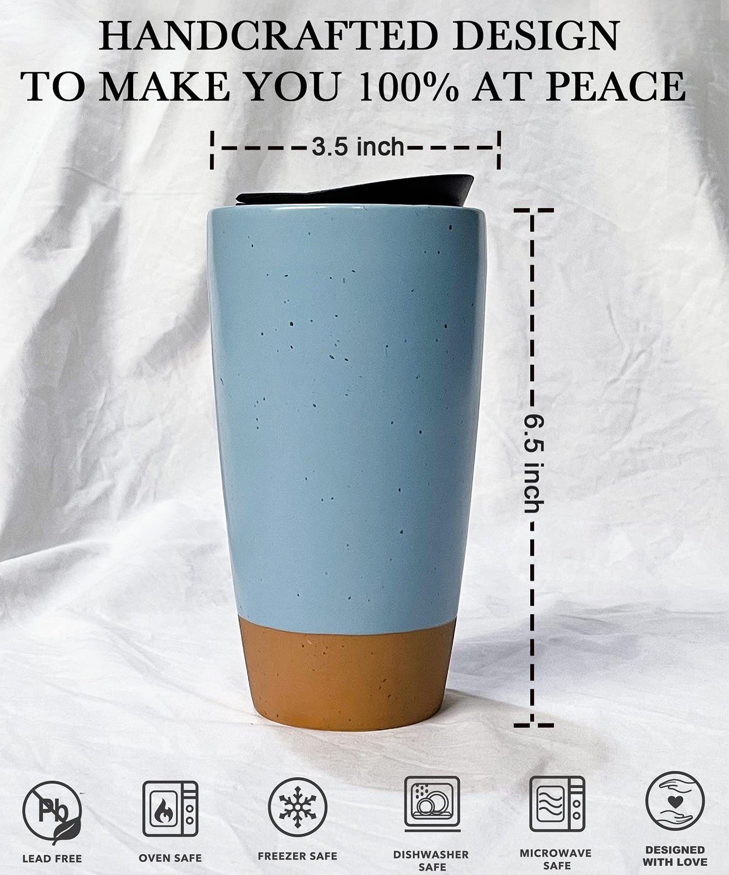 Mora Double Wall Ceramic Coffee Travel Mug with Lid, 14 oz, Portable, Microwave, Dishwasher Safe, Insulated Reusable Tall Cup, Splash Resistant Lid - To Go Tumbler for Car Cup Holder, Dusty Blue