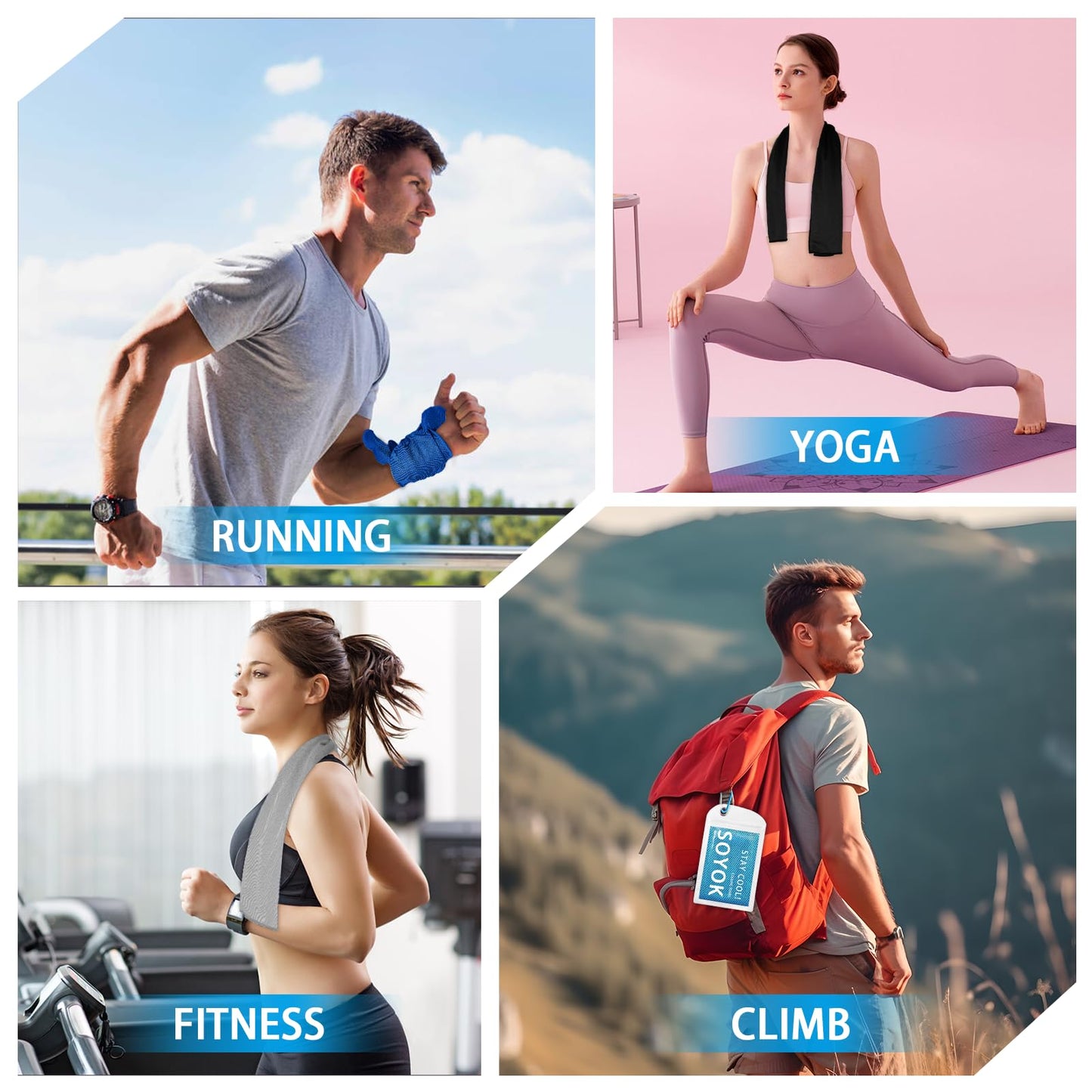 4 Packs Cooling Towel, 40" x 12" Microfiber Cooling Towels for Neck and Face, Soft Breathable Gym Towel for Working Out with Waterproof Bag & Carabiner, Sweat Towels for Running, Yoga, Travel, Climb