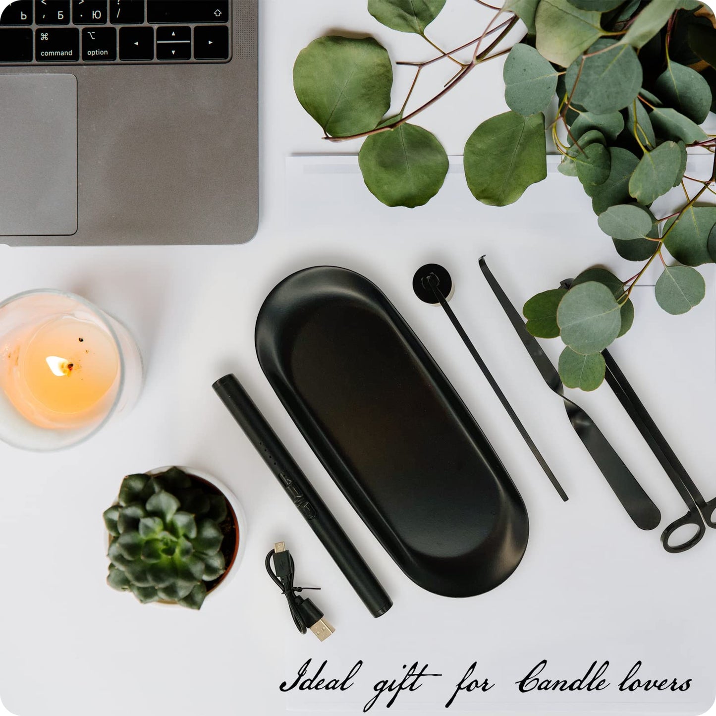 Exquisite Candle Accessories Tool Pack Bag, Rechargeable Electric Lighter, Wick Trimmer, Dipper, Snuffer and Tray Holder Elegant Kit Gift for Candle Lovers in Dating, Valentines Decor. ( Lemon Gold )