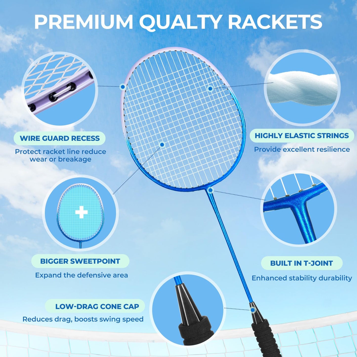 HIRALIY Badminton Rackets Set for Backyards, Lightweight Badminton Set of 4, Includ 4 Rackets, 12 Nylon Birdies, Replacement Grip Tapes, 1 Carrying Bag, Outdoor Games for Adults Family Kids Beginners