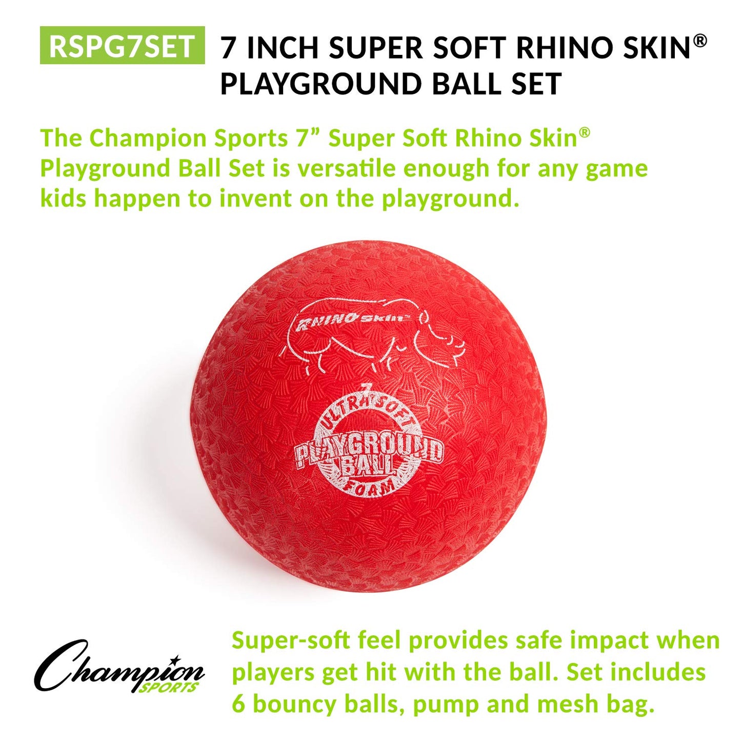 Champion Sports 7" Super Soft Playground Ball Set – RHINO Skin® Foam Inflatable Balls for Indoor & Outdoor Play Durable, Lightweight & Safe for All Ages, Set of 6 with Pump & Mesh Bag