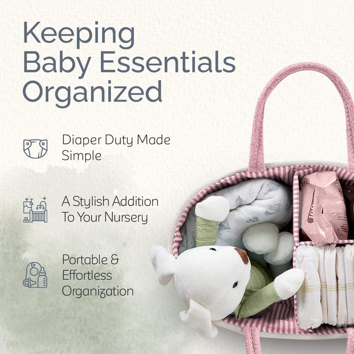 KiddyCare Woven Diaper Caddy Organizer, Large Gray Multi Functional Portable Baby Basket with Handle, Baby Gift for Boy/Girl Nursery Storage, Organization, and Modern Car Diaper Caddy Pink X-Large