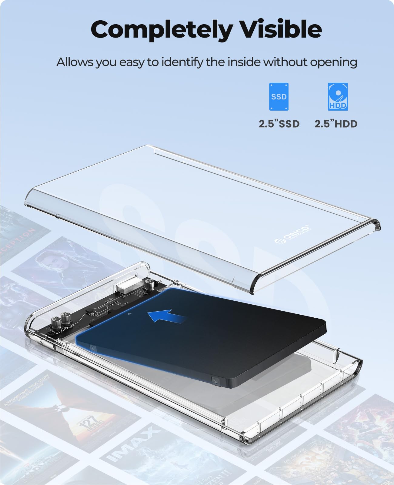 ORICO 2.5'' External Hard Drive Enclosure USB 3.0 to SATA III Tool-Free Clear Hard Disk Case for 2.5 inch 7mm 9.5mm SATA HDD SSD Max 6TB Support UASP(2139U3)