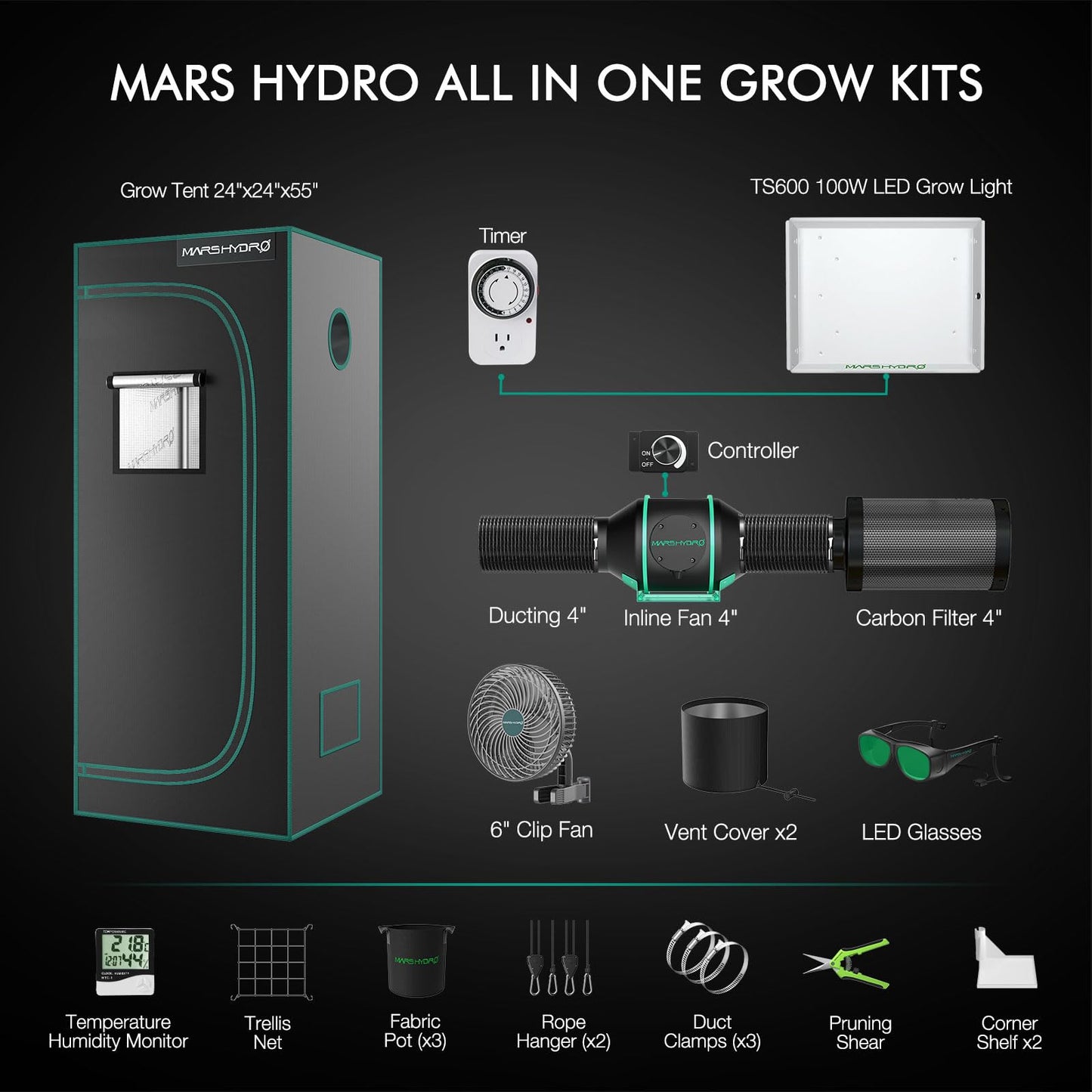 MARS HYDRO 2x2 Grow Tent Kit Complete System with 10 Speed Clip Fan,100W TS600 LED Full Spectrum Grow Light,24"x24"x55" 1680D High Reflective Mylar Grow Tent,4 inch 205 CFM Smart Ventilation System