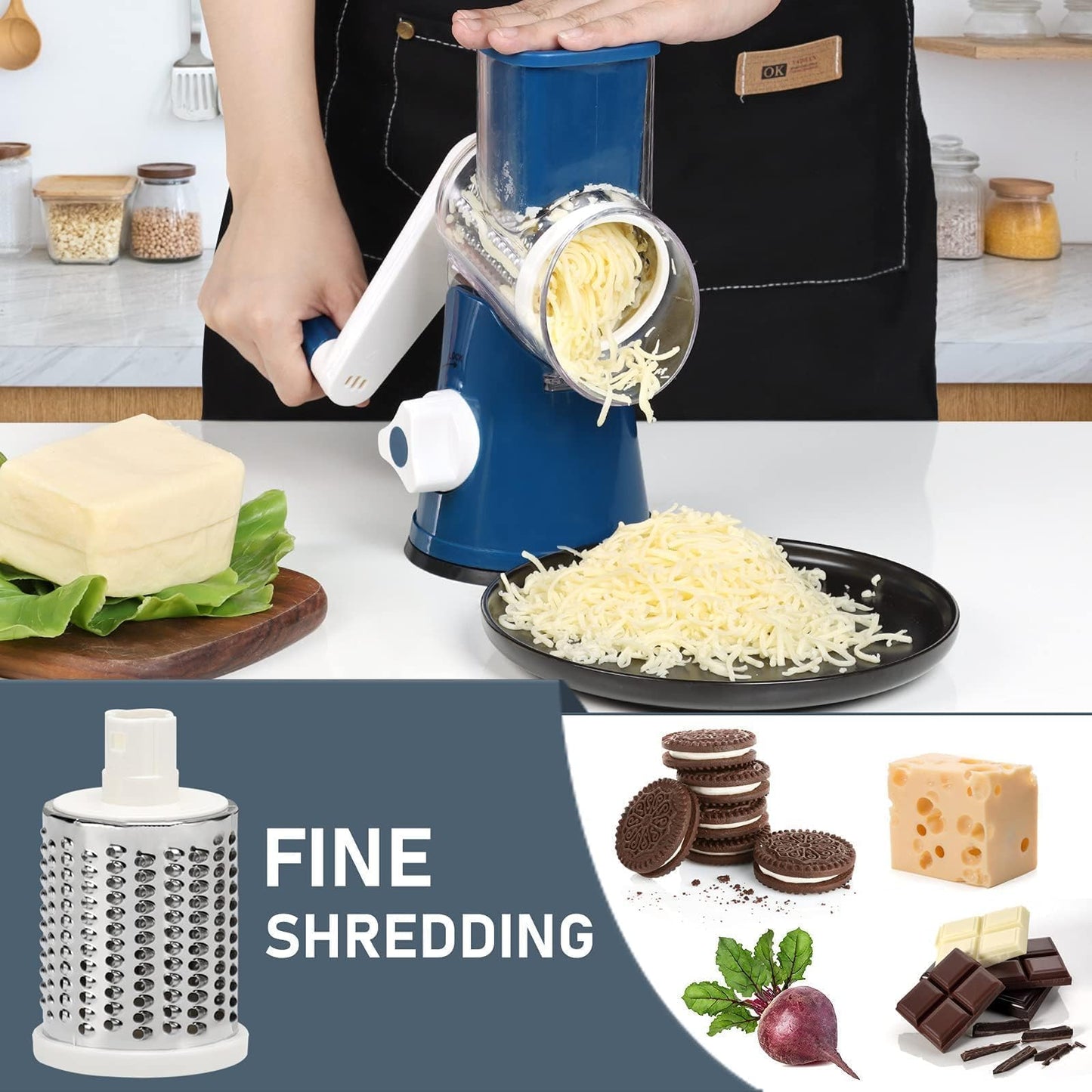 KEOUKE Rotary Cheese Grater with Handle - 3 Changeable Blades for Cheese, Vegetables, Nuts - Blue