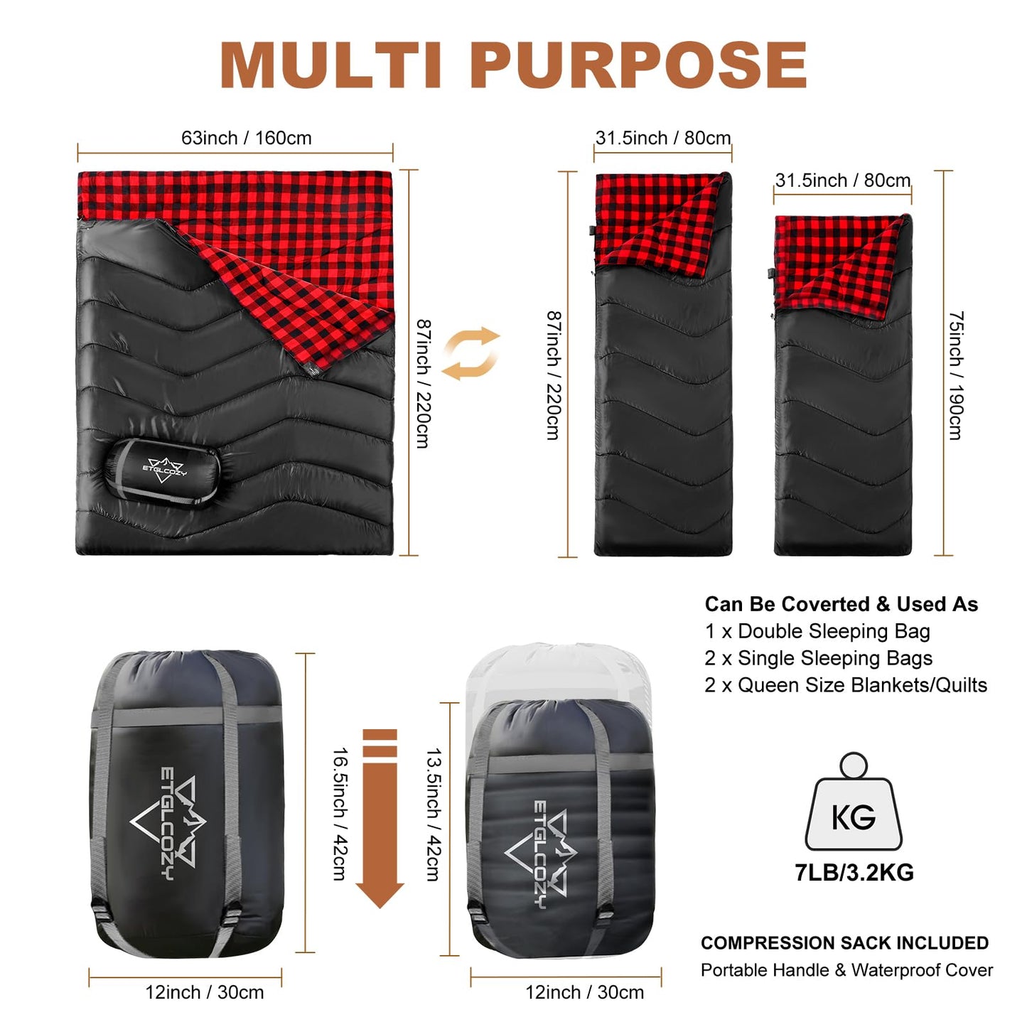 ETGLCOZY Double Sleeping Bag for Adults Kids Camping, XL Queen Size Sleeping Bags for 2 Person All Season Hiking Backpacking, Lightweight Waterproof with Compression Sack