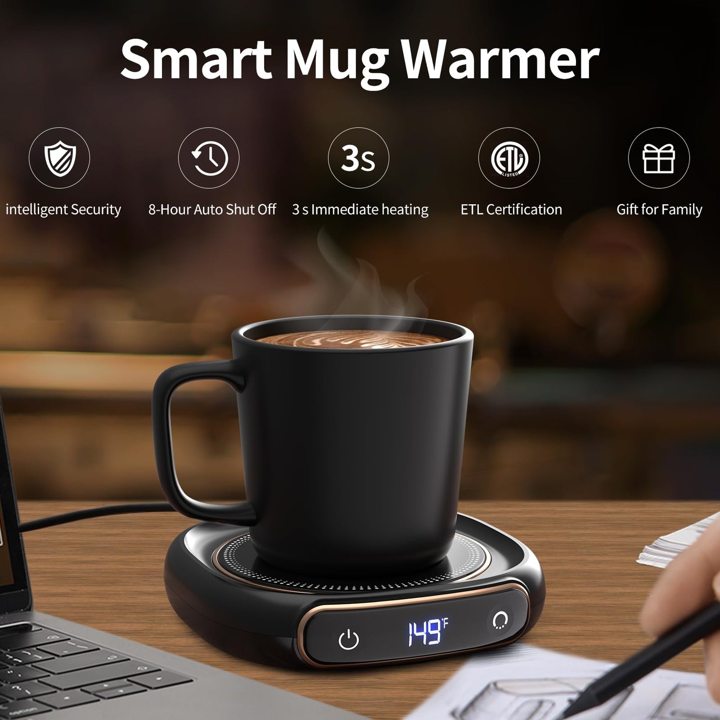 Lerat Coffee Mug Warmer & Mug Set for Desk, Electric Coffee Cup Warmer with Auto Shut Off, 3 Temperature Setting Smart Cup Warmer for Heating Coffee, Milk, Beverage, Candle Jar (Black), 12oz