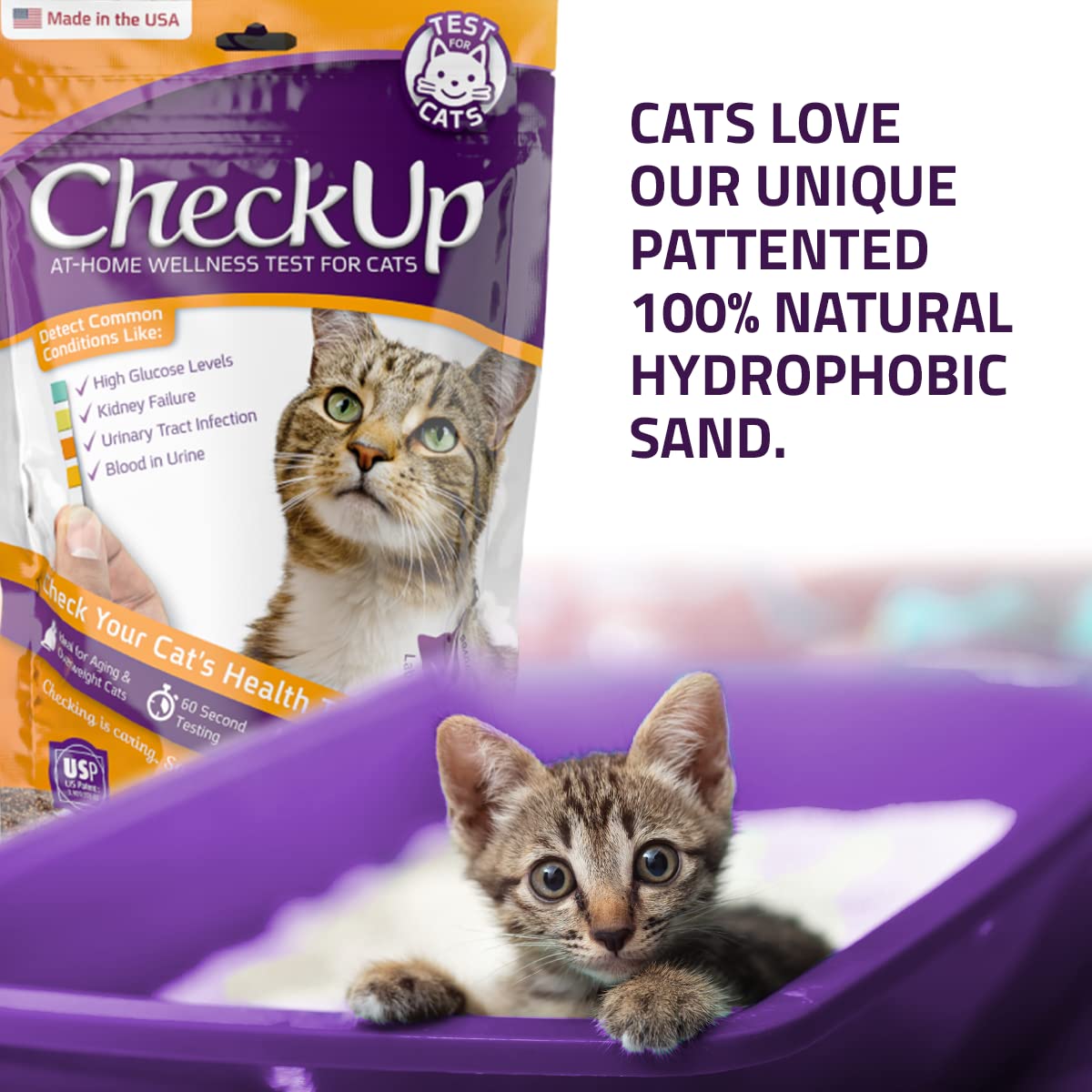 KIT4CAT CheckUp at Home Cat Wellness Test Kit | 2lb Hydrophobic Litter keeps urine on top, 2 Test Strips for The Detection of The 4 Most Common Health Indicators - pH, Protein, Glucose, Blood in urine