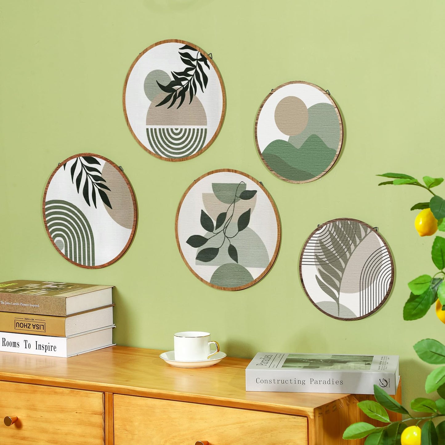 Qunclay 5 Pcs Wall Art Decor Wooden Living Room Wall Decor Bohemian Hanging Farmhouse Geometric 10'' and 8'' Aesthetic Wood Minimalist Posters for Bedroom(Greenery)