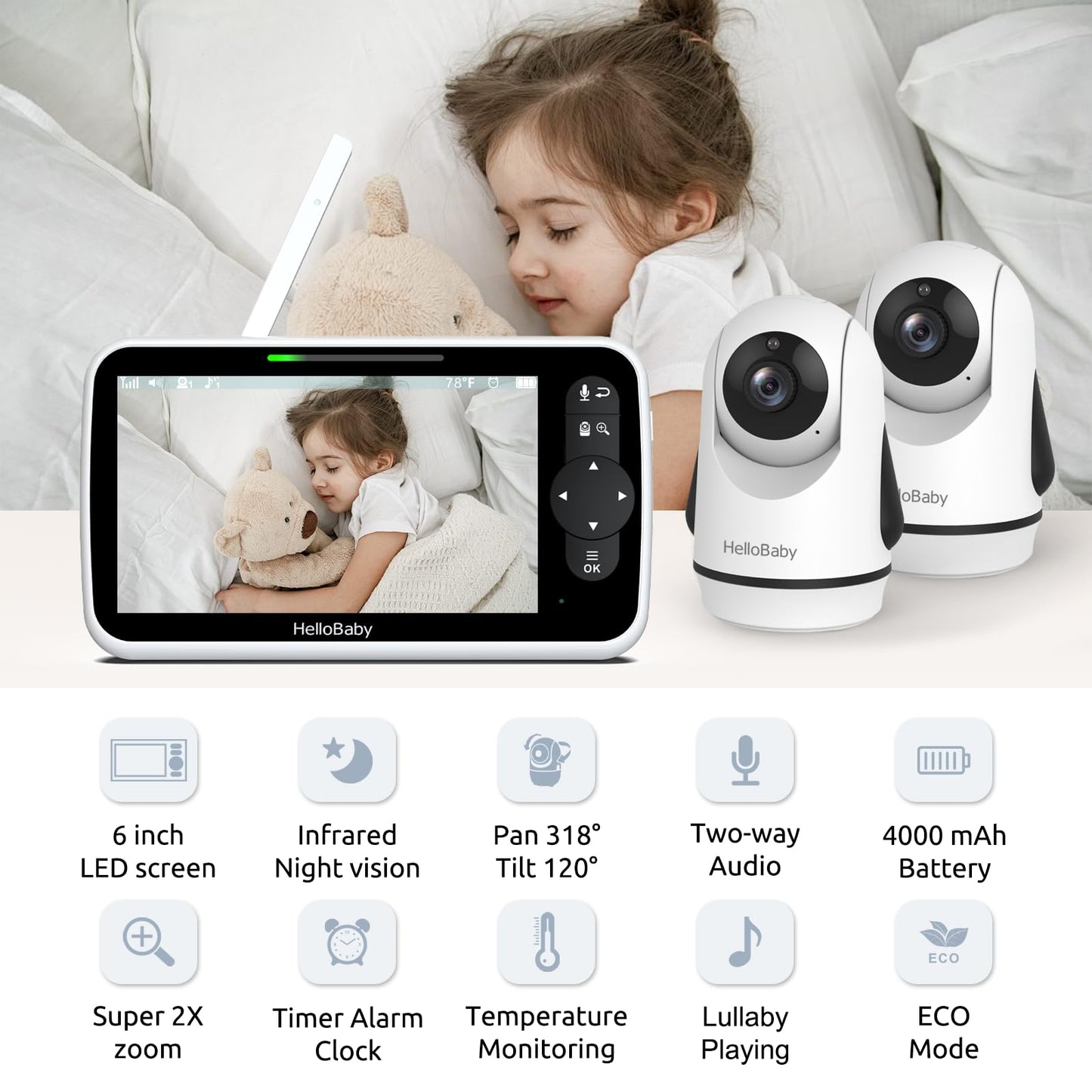HelloBaby Video Baby Monitor with Upgraded 6” IPS Large Screen, Split Screen with 2 Cameras, Night Vision and Temprature Monitoring, Remote Pan-Tilt-Zoom Camera, No-WiFi
