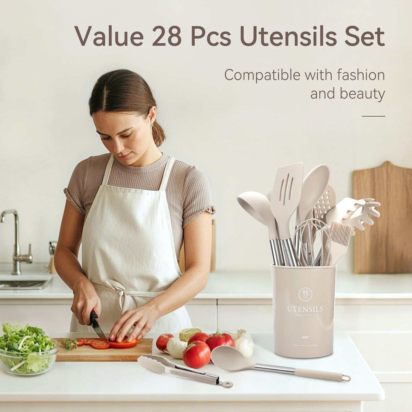 NCUE Kitchen Utensils Set, 28 Pcs Silicone Cooking Utensils Set with Holder, Spatula Set, Silicone Whisk, Scissors, Measuring Cups and Spoons Set with Stainless Steel Handle Kitchen Gadgets (Khaki)