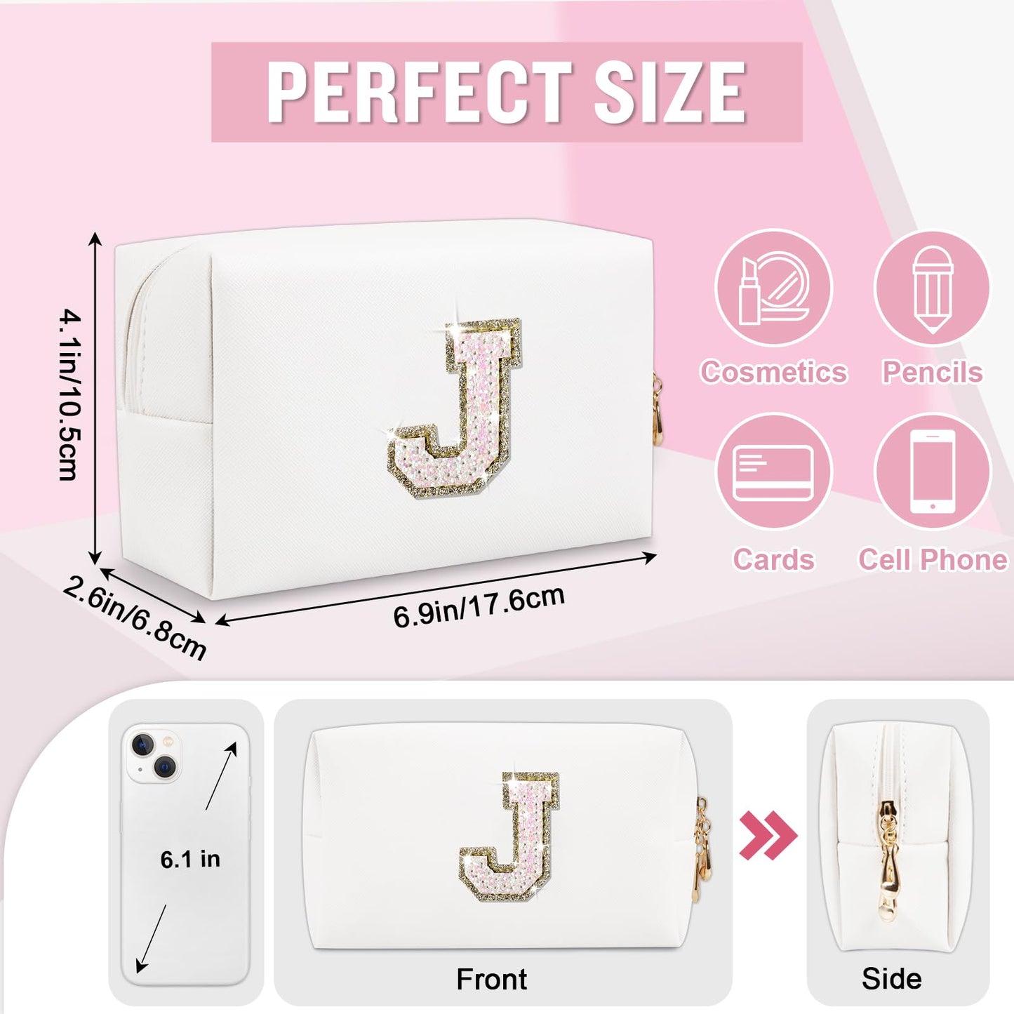 Personalized Initial A-Z Preppy Patch Makeup Bag, Small White PU Leather Cute Glitter Letter Cosmetic Bag with Zipper, Monogram Travel Toiletry Organizer Makeup Case Christmas Gifts for Women Girls,J
