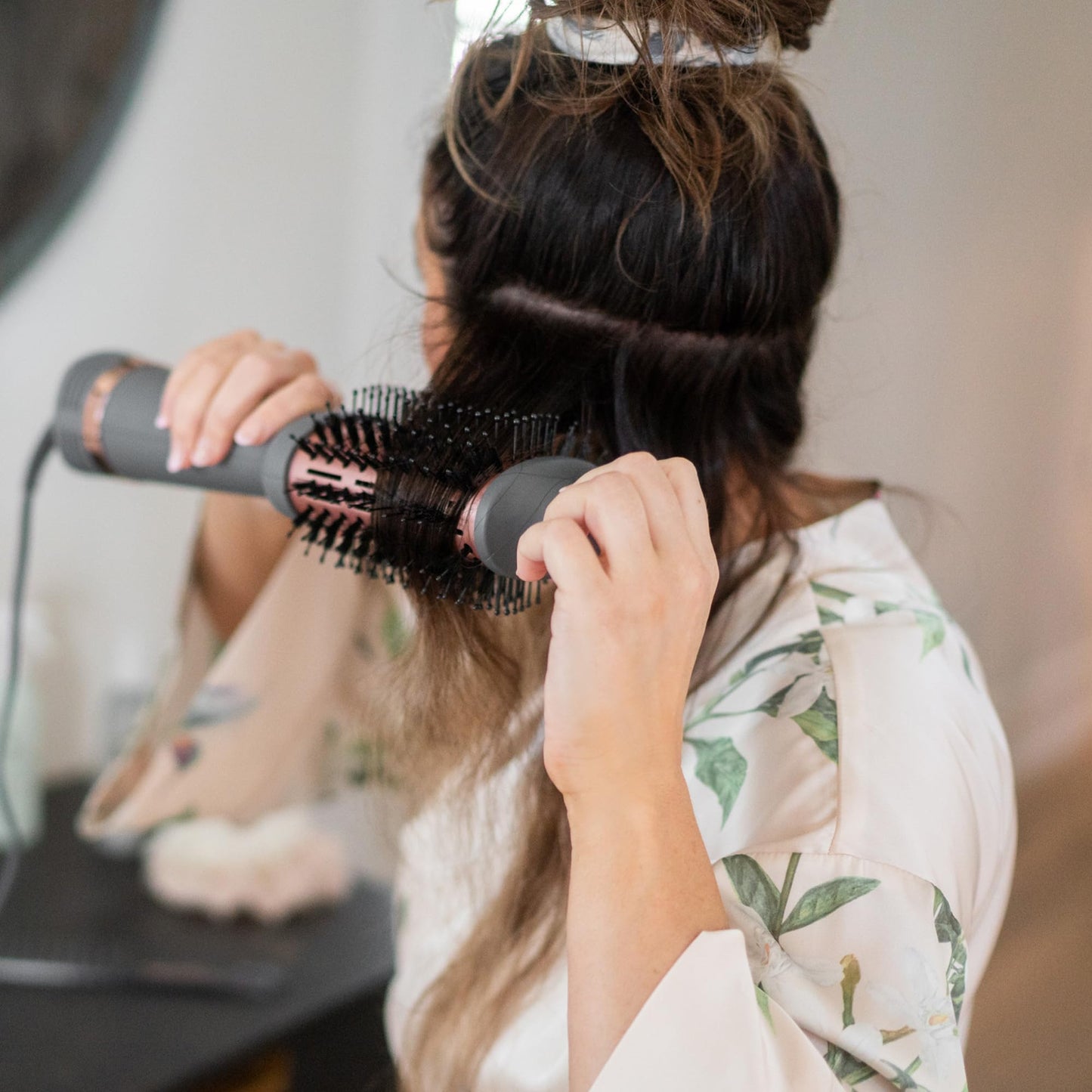 Hairitage Volumizing One Step Blow Dry Brush + Hair Dryer for Curling + Straightening - Ceramic Tourmaline Blowout Brush + Volumizer - Hair Styler for Smooth Shiny, Frizz-Free Styles - Matte Grey