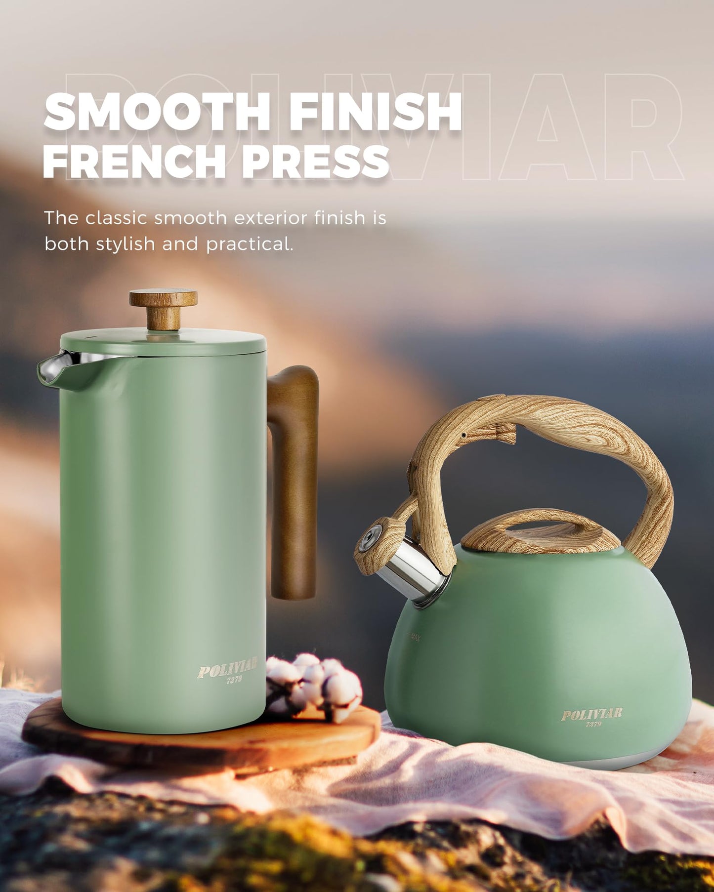 POLIVIAR French Press Coffee Maker, 34 oz Coffee Press with Real Wood Handle, Double Wall Insulation & Dual-Filter Screen, Food Grade Stainless Steel for Good Coffe and Tea (Flatland)