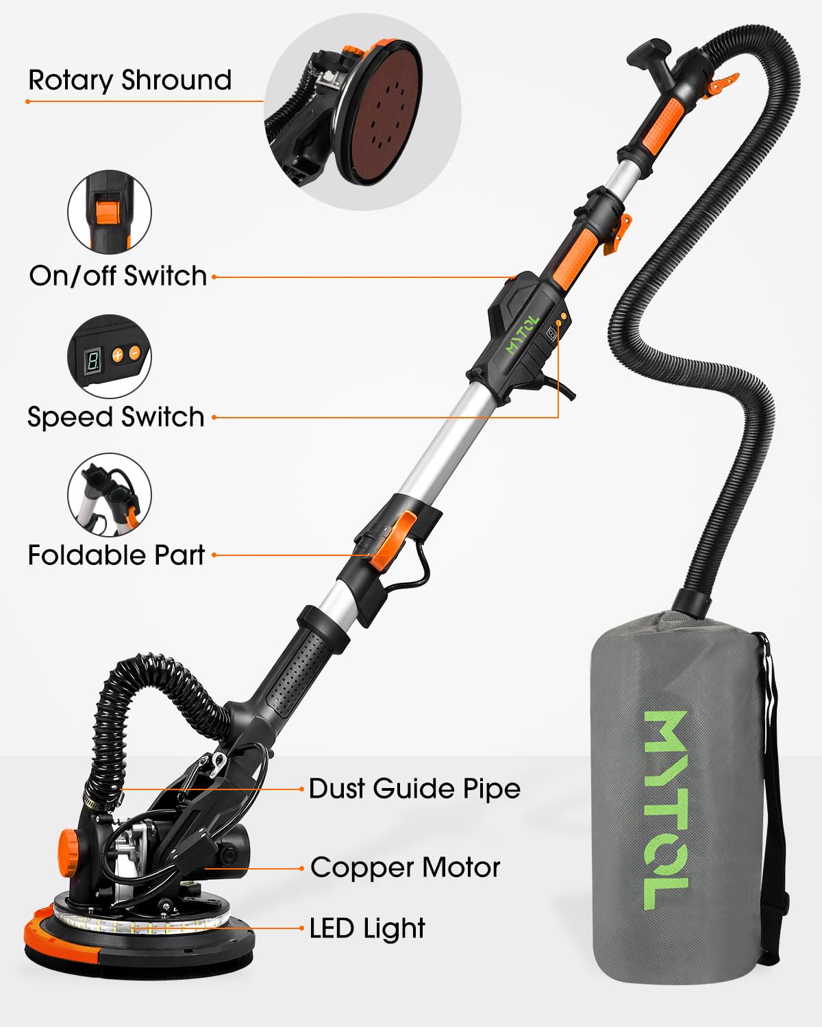 MYTOL Electric Drywall Sander with Vacuum Dust Collection, Variable Speed, LED Light, Foldable Handle, Sanding Discs & Grids