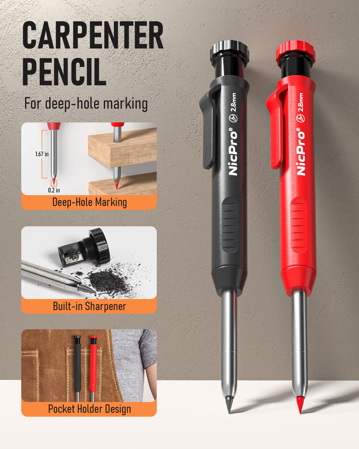 Nicpro Carpenter Pencil with Sharpener, Mechanical Pencils Set with 26 Refills, Deep Hole Marker for Construction, Heavy Duty Woodworking Tools for Architect (Black, Red) - With Case